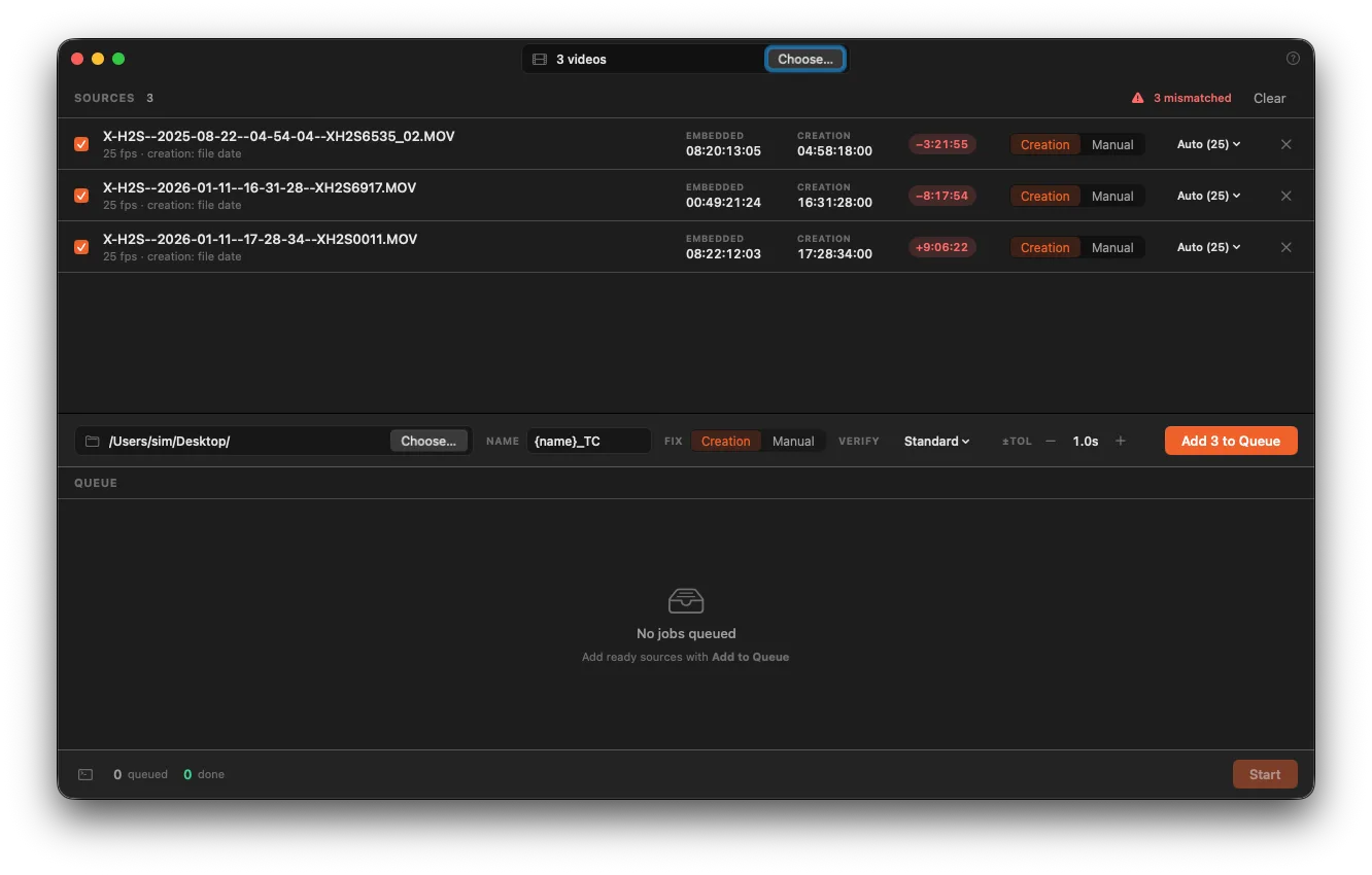 TimeCodeEditor — a list of source videos with their embedded and creation timecode above a correction queue
