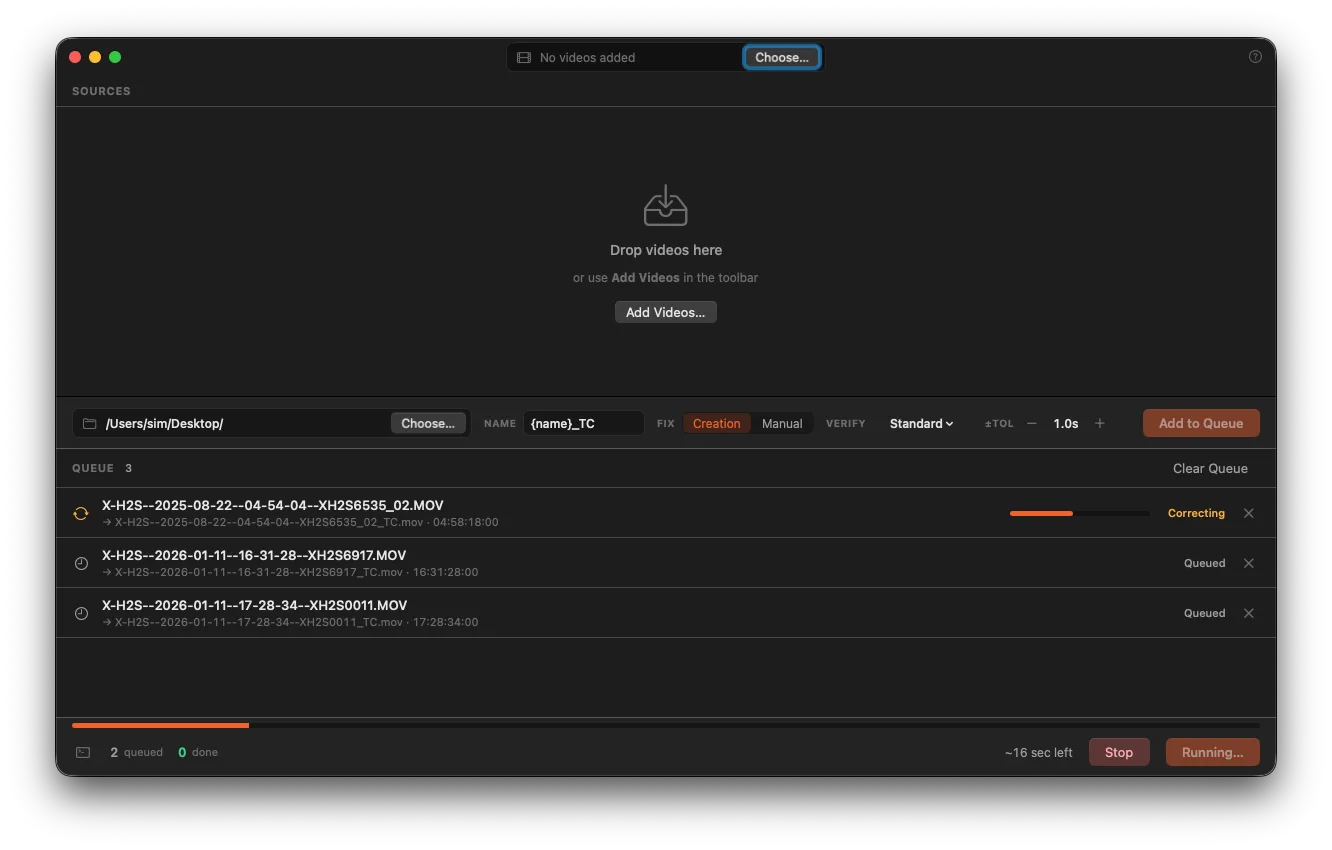 The correction queue running, with each job sealed by a verify result